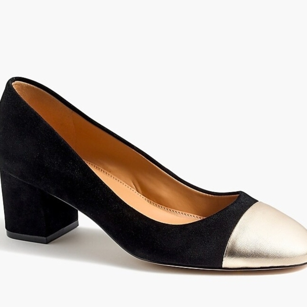 J. Crew Black and Gold Block Heels Sz 8.5 Genuine Suede Great Conditio